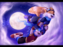 Size: 1024x765 | Tagged: safe, artist:fainalotea, miles "tails" prower, sonic the hedgehog, 2019, abstract background, alternate universe, carrying them, clouds, duo, female, flying, holding hands, male, mid-air, moon, mouth open, nighttime, outdoors, smile, speedpaint in description, spinning tails, star (sky)