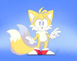 Size: 1024x814 | Tagged: safe, artist:skippyrip, miles "tails" prower, fox, 2017, gradient background, looking at viewer, male, signature, smile, solo, standing, v sign
