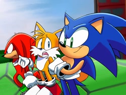 Size: 1440x1080 | Tagged: safe, artist:taystudio, knuckles the echidna, miles "tails" prower, sonic the hedgehog, sonic heroes, 2022, abstract background, arms folded, frown, grand metropolis, looking ahead, looking at them, male, males only, mouth open, redraw, smile, standing, team sonic, trio