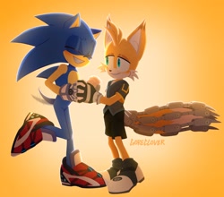 Size: 2048x1804 | Tagged: safe, artist:gorezhank, miles "tails" prower, nine, sonic the hedgehog, sonic prime, blushing, clenched teeth, duo, eyes closed, gay, gradient background, holding hands, looking at them, male, males only, nine x sonic, shipping, smile, sonic x tails, standing, standing on one leg, wagging tail