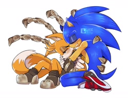 Size: 1532x1170 | Tagged: safe, artist:classicmariposazul, miles "tails" prower, nine, sonic the hedgehog, sonic prime, 2022, blushing, duo, eyes closed, gay, holding them, hugging, hugging from behind, lidded eyes, looking down, male, males only, nine x sonic, shipping, simple background, sitting, smile, sonic x tails, white background