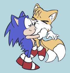 Size: 1021x1065 | Tagged: safe, artist:dokudrinker, miles "tails" prower, sonic the hedgehog, 2023, blushing, chest fluff, chibi, cute, ear fluff, flat colors, gay, holding them, lifting them, nuzzle, shipping, simple background, smile, solo, sonabetes, sonic x tails, standing, tailabetes, turquoise background
