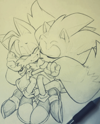 Size: 640x794 | Tagged: safe, artist:efficientfix3816, miles "tails" prower, sonic the hedgehog, clenched teeth, duo, eyes closed, gay, holding each other, male, males only, nuzzle, pencilwork, shipping, smile, sonic x tails, traditional media