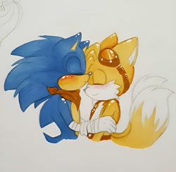 Size: 1128x1106 | Tagged: artist needed, safe, miles "tails" prower, sonic the hedgehog, bandana, belt, blushing, duo, eyes closed, gay, goggles, holding them, nuzzle, shipping, simple background, smile, sonic boom (tv), sonic x tails, standing, traditional media