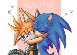 Size: 1364x973 | Tagged: safe, artist:chechewi4ka, miles "tails" prower, nine, sonic the hedgehog, sonic prime, 2023, abstract background, blushing, duo, english text, floppy ear, frown, gay, heart, hugging, looking away, nine x sonic, shipping, smile, sonic x tails, tsundere