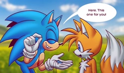 Size: 1498x878 | Tagged: safe, artist:chechewi4ka, miles "tails" prower, sonic the hedgehog, 2023, abstract background, bending over, clouds, daytime, dialogue, duo, english text, eyes closed, gay, holding something, looking at something, mouth open, necklace, outdoors, shipping, smile, sonic x tails, speech bubble, standing