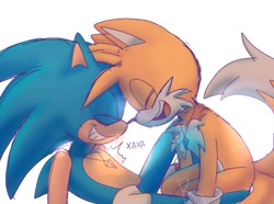 Size: 1024x761 | Tagged: safe, artist:chechewi4ka, miles "tails" prower, sonic the hedgehog, 2023, duo, eyes closed, gay, kneeling, laughing, lying down, necklace, shipping, signature, simple background, smile, sonic x tails, white background