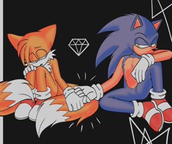 Size: 1460x1221 | Tagged: safe, artist:chechewi4ka, miles "tails" prower, sonic the hedgehog, 2023, duo, frown, gay, gem, grey background, lidded eyes, looking at each other, pinkie swear, shipping, simple background, sitting, sonic x tails