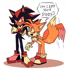 Size: 1688x1764 | Tagged: safe, artist:chechewi4ka, shadow the hedgehog, 2023, arms folded, blushing, dialogue, duo, english text, frown, hand behind back, looking at each other, mouth open, pointing, shadow (lighting), simple background, smile, speech bubble, standing, white background