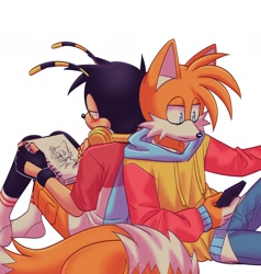 Size: 1364x1432 | Tagged: safe, artist:chechewi4ka, charmy bee, miles "tails" prower, 2023, back to back, blushing, chaails, crush, drawing, duo, gay, headphones, holding something, hoodie, lidded eyes, looking at something, older, pants, pencil, phone, shipping, shorts, simple background, sitting, smile, white background