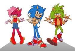 Size: 1050x712 | Tagged: safe, artist:chechewi4ka, manik the hedgehog, sonia the hedgehog, sonic the hedgehog, sonic underground, 2023, alternate eye color, brown eyes, drumsticks, holding something, horn sign, looking at viewer, redesign, siblings, simple background, smile, standing, trio, white background