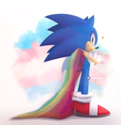 Size: 1982x2048 | Tagged: safe, artist:awhxque, sonic the hedgehog, abstract background, arms folded, cape, clenched teeth, heart, looking back at viewer, male, pride, smile, solo, standing, trans pride