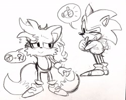 Size: 2048x1634 | Tagged: safe, artist:kobatuwu, miles "tails" prower, sonic the hedgehog, duo, female, male, simple background, sketch, smile, speech bubble, standing, thumbs up, trans female, transgender, wink