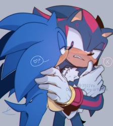 Size: 916x1024 | Tagged: safe, artist:3511vo, shadow the hedgehog, sonic the hedgehog, blushing, clenched teeth, cross popping vein, crumbs, duo, gay, grey background, heart, holding each other, looking at each other, mouth open, question mark, shadow x sonic, shipping, simple background, standing, wagging tail