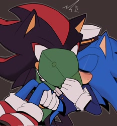 Size: 1909x2048 | Tagged: safe, artist:sonicnewunivers, shadow the hedgehog, sonic the hedgehog, the murder of sonic the hedgehog, blushing, carrying them, duo, eyes closed, gay, hat, holding something, kiss, male, males only, outline, shadow x sonic, shipping, sweatdrop