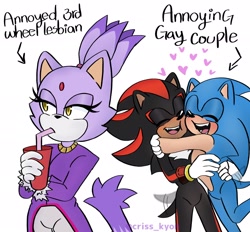 Size: 2048x1902 | Tagged: safe, artist:xcriskiox, blaze the cat, shadow the hedgehog, sonic the hedgehog, annoyed, blushing, drinking, english text, gay, heart, hearts, holding something, hugging, lesbian, looking away, mouth open, shadow x sonic, shipping, simple background, smile, standing, third wheel, trio, wagging tail, white background