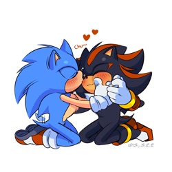 Size: 2000x2000 | Tagged: safe, artist:iris_s_e_e, shadow the hedgehog, sonic the hedgehog, blushing, chu, cute, duo, eyes closed, gay, heart, holding each other, kiss on cheek, kneeling, male, males only, sfx, shadow x sonic, shipping, simple background, smile, wagging tail, white background