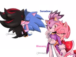 Size: 2048x1536 | Tagged: safe, artist:mochiuwu74, amy rose, blaze the cat, shadow the hedgehog, sonic the hedgehog, amy x blaze, blushing, female, gay, group, hugging from behind, kiss, lesbian, male, shadow x sonic, shipping, simple background, smile, wagging tail, white background