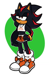 Size: 838x1280 | Tagged: safe, artist:jadegullyzone, shadow the hedgehog, 2021, abstract background, blushing, femboy, femboy hooters, frown, gloves off, hand on hip, holding something, hooters outfit, lidded eyes, looking offscreen, male, standing, tray