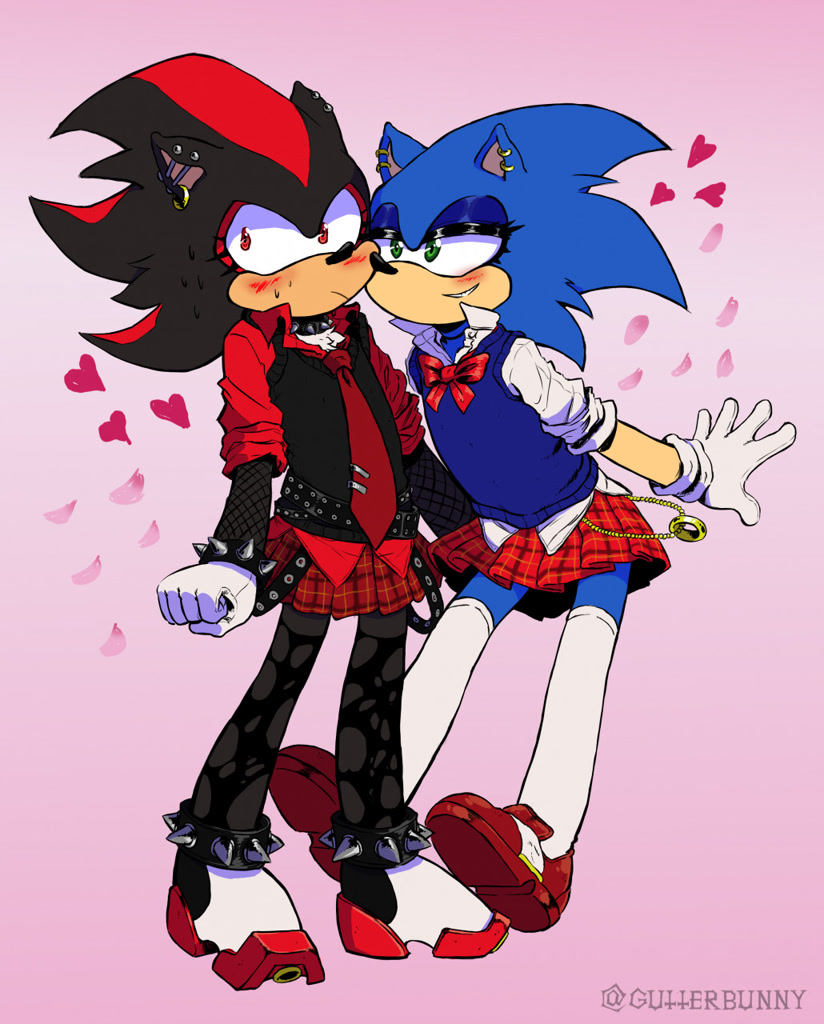 9367 - safe, artist:winkwonkblog, rouge the bat, shadow the hedgehog, sonic  the hedgehog, blushing, brown background, drink, drinking, ear piercing,  eyes closed, female, gay, heart, holding each other, holding something, kiss,  male