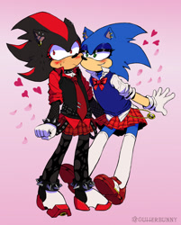 Size: 1030x1280 | Tagged: safe, artist:gutterbunny, shadow the hedgehog, sonic the hedgehog, 2020, blushing, bow, duo, ear piercing, earring, eyelashes, femboy, flirting, frown, gay, gradient background, heart, lidded eyes, looking away, male, males only, punk, shadow x sonic, shipping, skirt, smile, spiked bracelet, spiked collar, standing, sweatdrop, tie