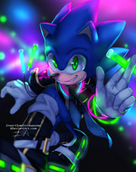 Size: 800x1010 | Tagged: safe, artist:insertsomthinawesome, sonic the hedgehog, 2018, abstract background, boots, clenched teeth, glowing, glowstick, holding something, jacket, looking at viewer, male, smile, solo, tie