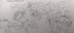 Size: 2047x914 | Tagged: safe, artist:larabar, amy rose, barry the quokka, sonic the hedgehog, the murder of sonic the hedgehog, alternate universe, angry, au:actually dead, death, dialogue, ghost, greyscale, holding something, monochrome, pencilwork, piko piko hammer, speech bubble, traditional media, trio