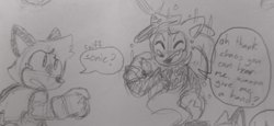 Size: 1560x720 | Tagged: safe, artist:larabar, barry the quokka, sonic the hedgehog, the murder of sonic the hedgehog, alternate universe, au:actually dead, dialogue, duo, eyes closed, ghost, greyscale, monochrome, pencilwork, smile, speech bubble, traditional media