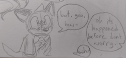 Size: 1554x720 | Tagged: safe, artist:larabar, barry the quokka, the murder of sonic the hedgehog, alternate universe, au:actually dead, greyscale, monochrome, pencilwork, solo, speech bubble, traditional media