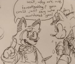 Size: 2046x1754 | Tagged: safe, artist:larabar, barry the quokka, sonic the hedgehog, the murder of sonic the hedgehog, alternate universe, au:actually dead, dialogue, duo, greyscale, looking at each other, monochrome, speech bubble, traditional media