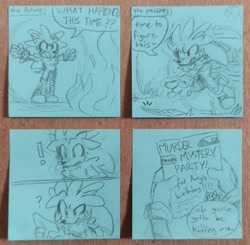 Size: 2048x2011 | Tagged: safe, artist:larabar, silver the hedgehog, the murder of sonic the hedgehog, 4koma, alternate universe, au:actually dead, blue background, comic, dialogue, exclamation mark, holding something, monochrome, pencilwork, question mark, solo, speech bubble, standing, time travel, traditional media