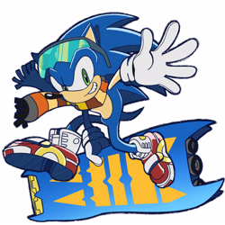 Size: 1600x1600 | Tagged: safe, artist:thechaosspirit, sonic the hedgehog, alternate version, clenched teeth, extreme gear, holding something, looking at viewer, riders style, scarf, simple background, smile, solo, sunglasses, white background