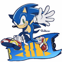 Size: 1600x1600 | Tagged: safe, artist:thechaosspirit, sonic the hedgehog, alternate version, clenched teeth, extreme gear, holding something, looking at viewer, riders style, signature, simple background, smile, solo, white background