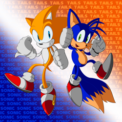 Size: 2000x2000 | Tagged: safe, artist:kamicciolo, miles "tails" prower, sonic the hedgehog, 2022, abstract background, character name, clenched fists, color swap, duo, english text, looking at viewer, mid-air, smile