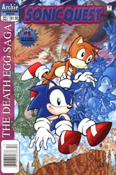 Size: 498x750 | Tagged: safe, artist:harvo, artist:spaz, miles "tails" prower, robotnik, sally acorn, snively robotnik, sonic the hedgehog, sonic quest 1, abstract background, alternate version, carrying them, comic cover, duo focus, english text, flying, group, holding them, robot, spinning tails