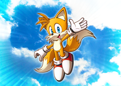 Size: 4200x3000 | Tagged: safe, artist:fronkus123, miles "tails" prower, sonic heroes, abstract background, clouds, hand up, looking at viewer, mouth open, posing, redraw, signature, smile, solo
