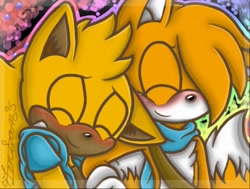Size: 512x387 | Tagged: safe, artist:zeny doodles, miles "tails" prower, ray the flying squirrel, abstract background, blushing, cute, duo, eyes closed, floppy ear, gay, hair over one eye, icon, jacket, scarf, shipping, smile, tailray