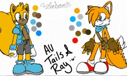 Size: 512x308 | Tagged: safe, artist:zeny doodles, miles "tails" prower, ray the flying squirrel, alternate universe, duo, english text, hair over one eye, jacket, older, scarf, shorts, simple background, smile, white background