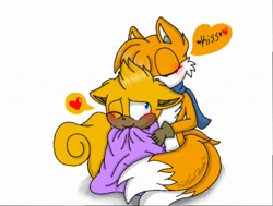 Size: 512x387 | Tagged: safe, artist:zeny doodles, miles "tails" prower, ray the flying squirrel, blanket, blushing, cute, duo, english text, eyes closed, floppy ears, gay, heart, kiss on head, looking at them, one eye closed, sfx, shipping, simple background, sitting, tailray, white background