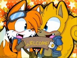 Size: 512x387 | Tagged: safe, artist:zeny doodles, miles "tails" prower, ray the flying squirrel, abstract background, blushing, duo, english text, gay, goggles, holding something, looking at each other, one fang, shipping, sign, star (symbol), tailray, wink