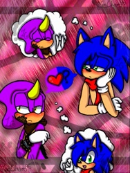 Size: 385x512 | Tagged: safe, artist:zeny doodles, espio the chameleon, sonic the hedgehog, abstract background, bandana, blushing, chipped ear, duo, frown, gay, head rest, heart, lidded eyes, question mark, scarf, shipping, sonespio, thinking, thought bubble