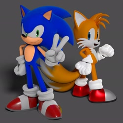 Size: 2048x2048 | Tagged: safe, artist:hunicrio, miles "tails" prower, sonic the hedgehog, 2022, 3d, duo, grey background, looking at viewer, modern sonic, modern tails, shadow (lighting), simple background, smile, standing, v sign