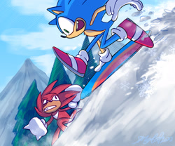 Size: 2048x1707 | Tagged: safe, artist:springbot, knuckles the echidna, sonic the hedgehog, duo, snowboard