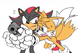 Size: 1771x1201 | Tagged: safe, artist:chronocrump, miles "tails" prower, shadow the hedgehog, duo, gun, simple background, this won't end well, white background