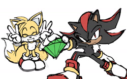 Size: 2000x1250 | Tagged: safe, artist:chronocrump, miles "tails" prower, shadow the hedgehog, blushing, chaos emerald, double v sign, duo, frown, looking at viewer, posing, redraw, shadow the hedgehog (video game), simple background, smile, standing, white background
