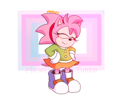 Size: 1280x1000 | Tagged: safe, artist:marleyla, amy rose, sonic mania adventures, 2018, abstract background, classic amy, coat, eyes closed, hands on hips, signature, skirt, smile, solo, standing