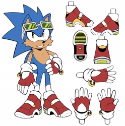 Size: 2030x2048 | Tagged: safe, artist:meanbeanzone, sonic the hedgehog, alternate universe, cheek fluff, chest fluff, clenched teeth, goggles, goggles on head, looking at viewer, redesign, simple background, smile, soap shoes, solo, standing, white background