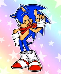 Size: 1600x1953 | Tagged: safe, artist:pukopop, sonic the hedgehog, abstract background, alternate universe, bandage, bandana, claws, fingerless gloves, hand on hip, looking at viewer, modern sonic, mouth open, outline, pointing, redesign, smile, solo, standing, star (symbol), uekawa style, wink