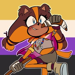 Size: 2048x2048 | Tagged: safe, artist:victorythorn24, sticks the badger, abstract background, blushing, boomerang, cape, headcanon, lesbian pride, nonbinary, nonbinary pride, outline, pride, pride flag background, smile, solo