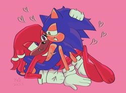Size: 1931x1421 | Tagged: safe, artist:clowntagonist, knuckles the echidna, sonic the hedgehog, duo, gay, hand on another's head, hearts, knuxonic, lidded eyes, looking at each other, lying down, mouth open, pink background, shipping, signature, simple background, sitting on them, smile, top surgery scars, trans male, transgender